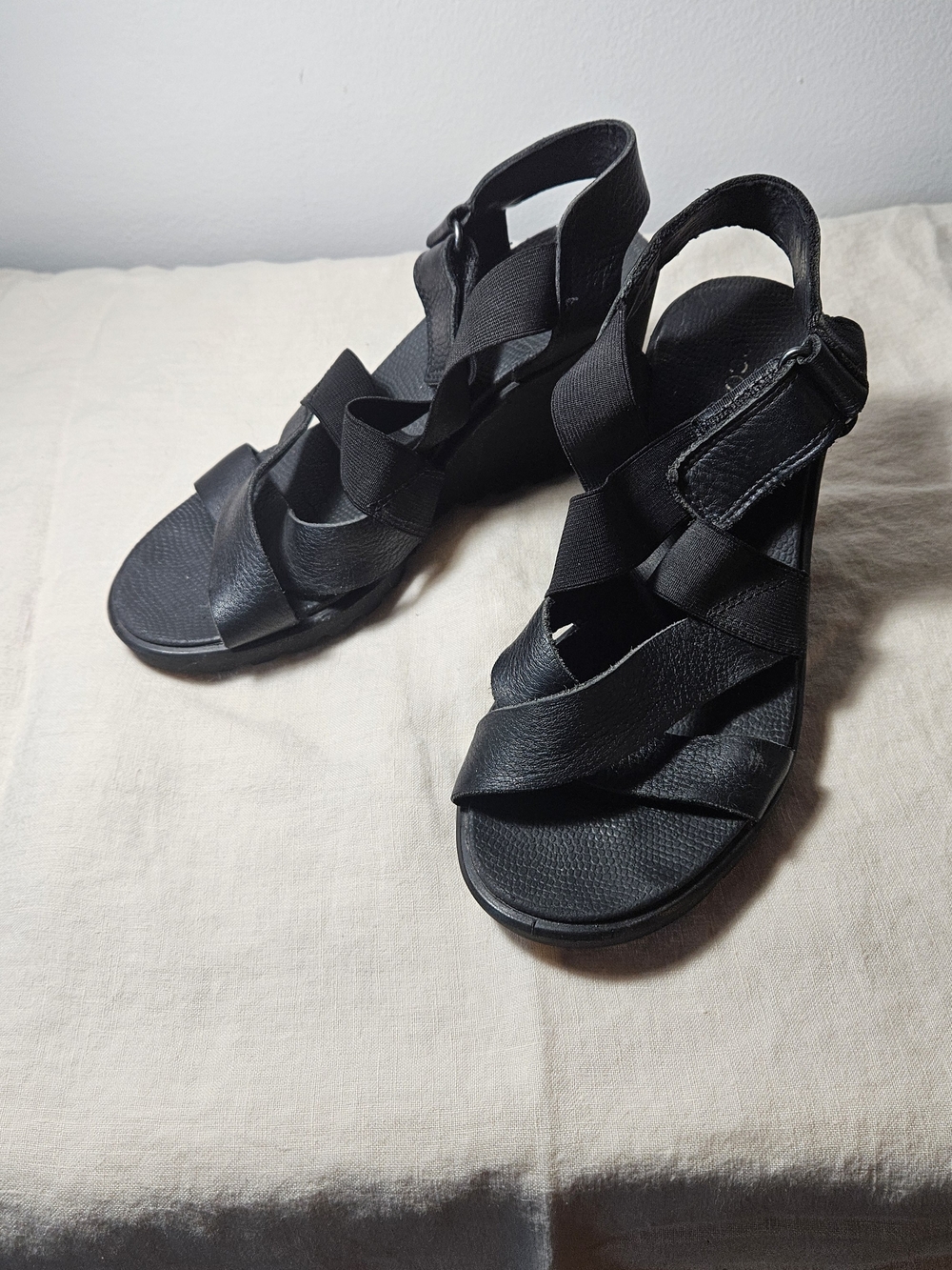 Ecco Black Strappy Wedge Sandals